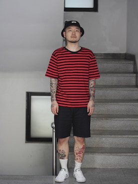 「no brand（ノーブランド）のアイテム（つなぎ/オールインワン）」を使った、최송혁さん（メンズ・179cm）の夏コーディネート