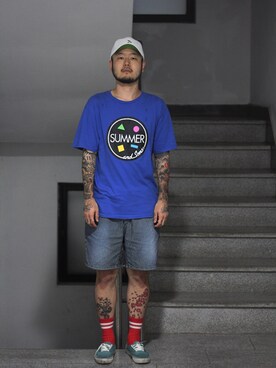 「アイテム（つなぎ/オールインワン、ベージュ系）」を使った、최송혁さん（メンズ・179cm）の夏コーディネート