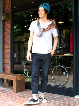 「THREE BLIND MICE（スリーブラインドマイス）のアイテム（パンツ）」を使った、CHARGERさん（メンズ・178cm）の夏コーディネート