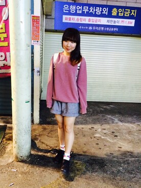 「no brand（ノーブランド）のアイテム（Tシャツ/カットソー、ピンク系）」を使った、sujung_bさん（レディース・154cm）の秋コーディネート