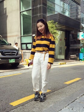 「no brand（ノーブランド）のアイテム（Tシャツ/カットソー、イエロー系）」を使った、sujung_bさん（レディース・154cm）の秋コーディネート