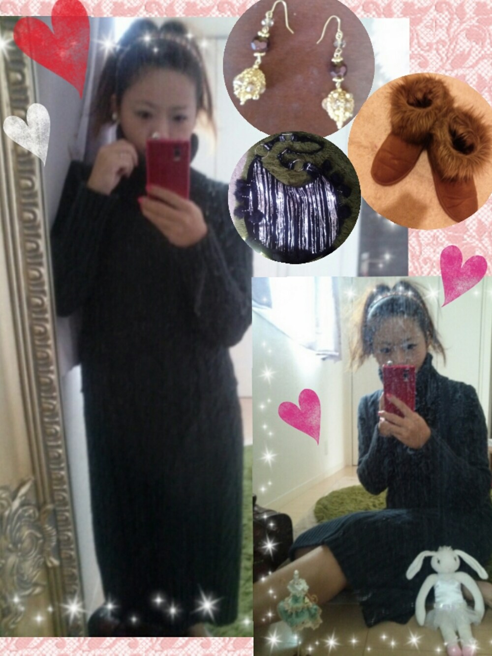 ブルー系のワンピースを着用したレディースの秋コーディネートの1枚目の写真