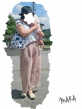 「GU（ジーユー）のリネンブレンドワイドパンツ（その他パンツ、ベージュ系）」を使った、makaさん（レディース・152cm）の夏コーディネート
