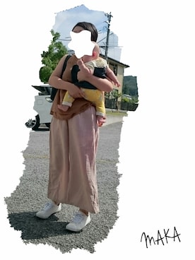 「GU（ジーユー）のリネンブレンドワイドパンツ（その他パンツ、ベージュ系）」を使った、makaさん（レディース・152cm）の秋コーディネート