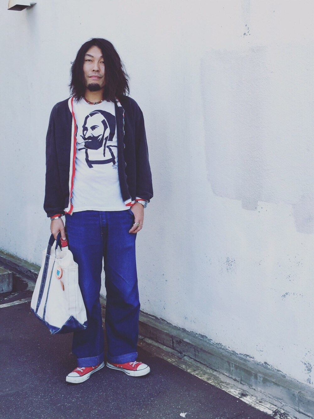 「古着、アメカジ、ビンテージ、古着屋、古着屋HamburgCafe」｜「CONVERSEのCONVERSE / CVS ALL STAR HI（スニーカー、レッド系）」を使った、HamburgCafeさん（メンズ・179cm）の秋コーディネートの1枚目の写真