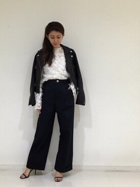 「DRWCYS（ドロシーズ）のアイテム（ライダースジャケット）」を使った、DRWCYS・PR 生駒典子さん（レディース・159cm）の秋コーディネート
