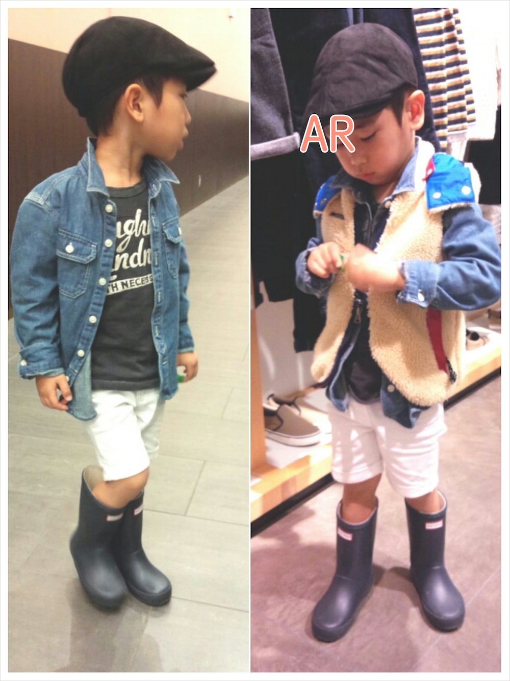「HUNTER、go to hollywood、デニムシャツ、ボアベスト、ハンチング、ホワイトパンツ、無印良品、雨の日コーデ、おとこのこ、白パンツ」｜「HUNTERのHUNTER HKFT5003 RMABWM（レインシューズ、ブラック系）」を使った、＊AR＊さん（キッズ・100cm）の秋コーディネートの1枚目の写真