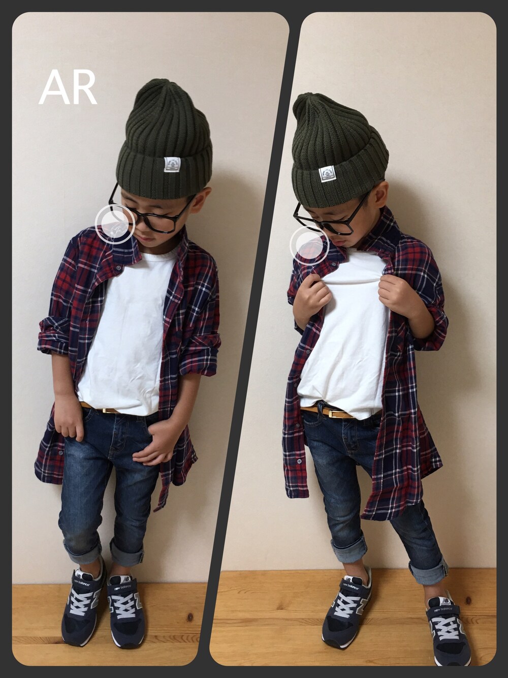 「シンプル、秋コーデ、ゆるコーデ、おとこのこ、シャツスタイル、ZARA KIDS、無印良品、メガネ男子、チェックシャツ、カーキ」｜「NEW BALANCEのNEW BALANCE / KV996【SP】（スニーカー、ブルー系）」を使った、＊AR＊さん（キッズ・110cm）の秋コーディネートの1枚目の写真