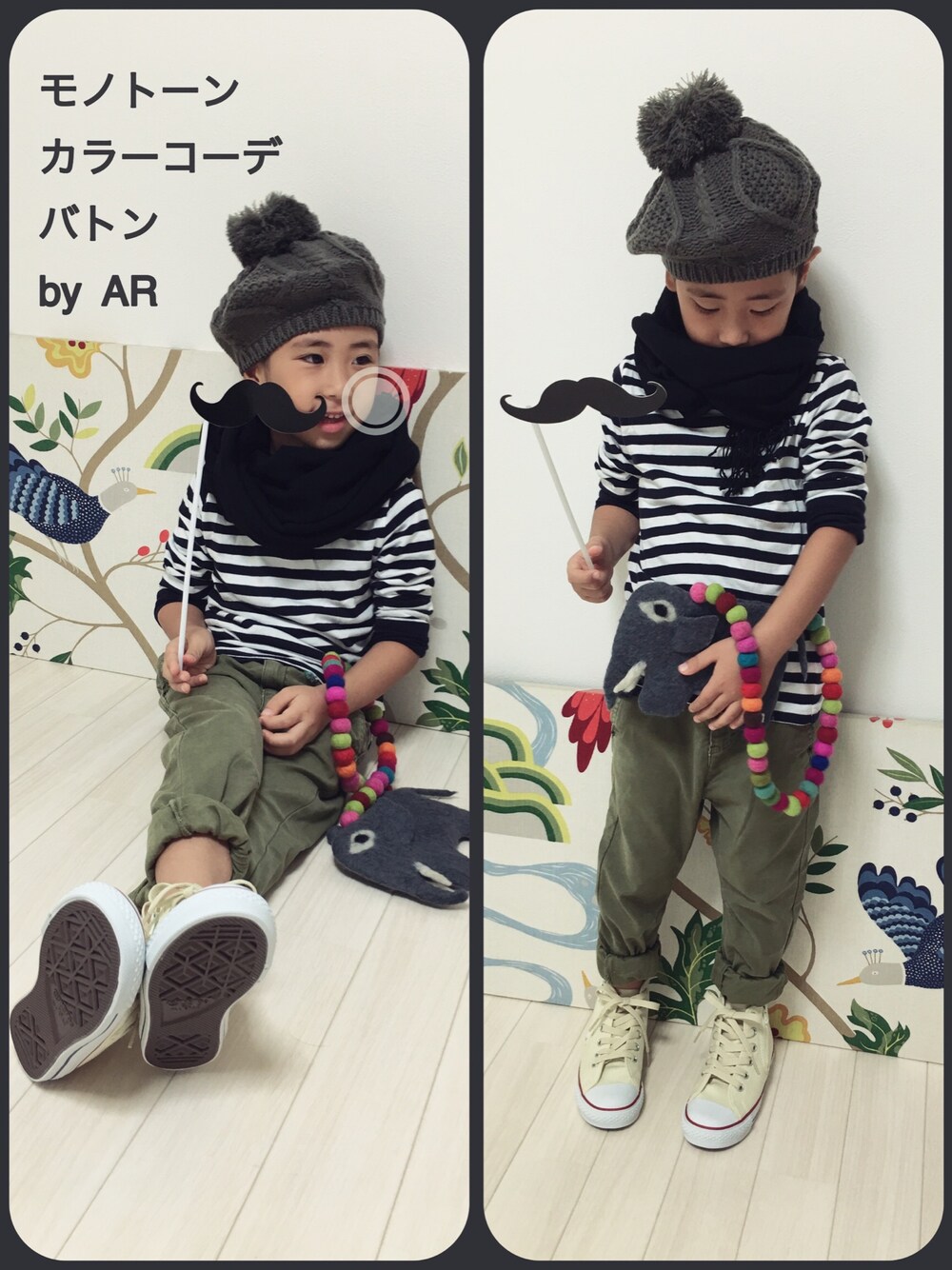 「モノトーンコーデバトン、おとこのこ、ベレー帽、ストール、ボーダー、無印良品、カーキ、ZARA KIDS、シンプル、コンバース」｜「suuuちゃん❤️のアイテム（その他、グレー系）」を使った、＊AR＊さん（キッズ・110cm）の秋コーディネートの1枚目の写真