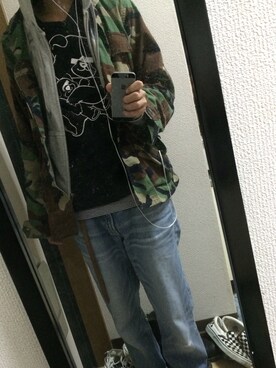 「カモ柄」｜「アイテム（カバーオール）」を使った、蛍さん（メンズ・171cm）の冬コーディネート