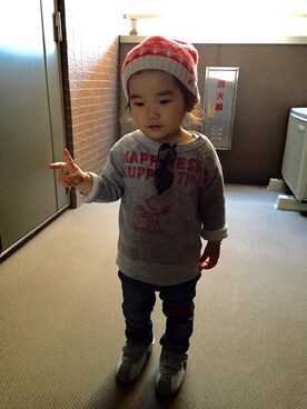 「PETIT BATEAU（プチバトー）のアイテム（ニットキャップ/ビーニー）」を使った、LAさん（キッズ・80cm）の冬コーディネート