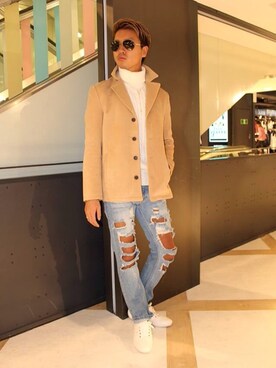 「DOWBL（ダブル）のアイテム（チェスターコート）」を使った、SAKUさん（メンズ・180cm）の秋コーディネート