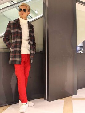 「DOWBL（ダブル）のアイテム（チェスターコート）」を使った、SAKUさん（メンズ・180cm）の冬コーディネート