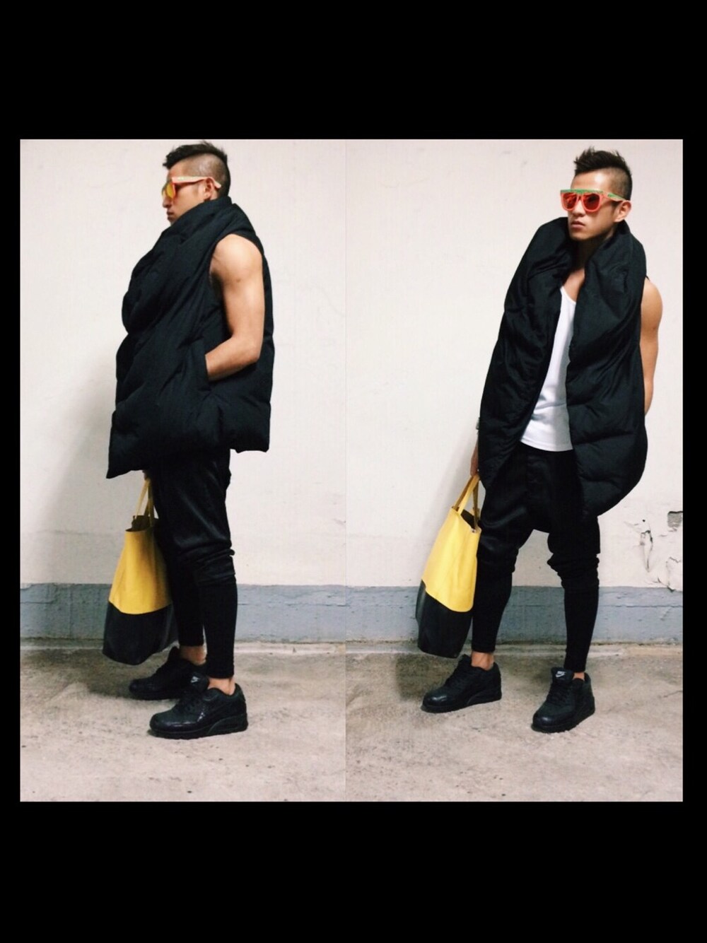 「hkboy、projecteyewear、black、black and white、causal、NIKE、NIKE AIR MAX、H&M、CELINE、spring」｜「CELINEのアイテム（クラッチバッグ、イエロー系）」を使った、joe wong さん（メンズ・173cm）の冬コーディネートの1枚目の写真