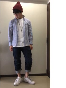 「BEN DAVIS（ベンデイビス）のアイテム（ニットキャップ/ビーニー、レッド系）」を使った、kennさん（メンズ）の春コーディネート