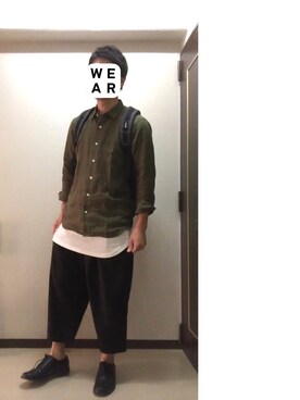 「GU（ジーユー）のアイテム（シャツ/ブラウス、グリーン系）」を使った、kennさん（メンズ）の夏コーディネート