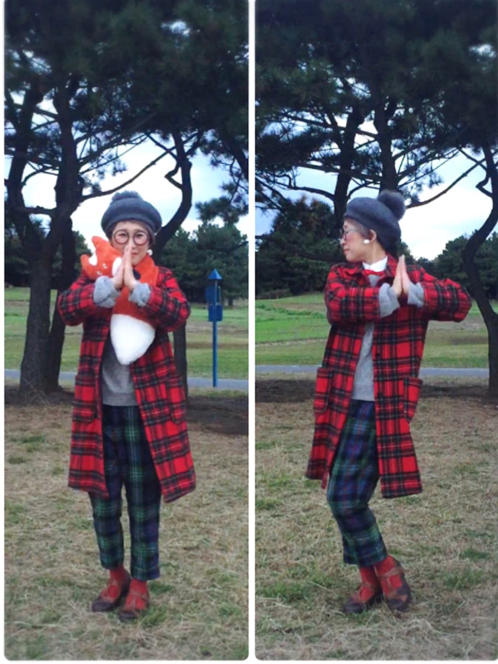 グレー系のニット/セーター、ホワイト系のシャツ/ブラウス、レッド系のジャケット/アウターを着用したレディースの秋コーディネートの1枚目の写真