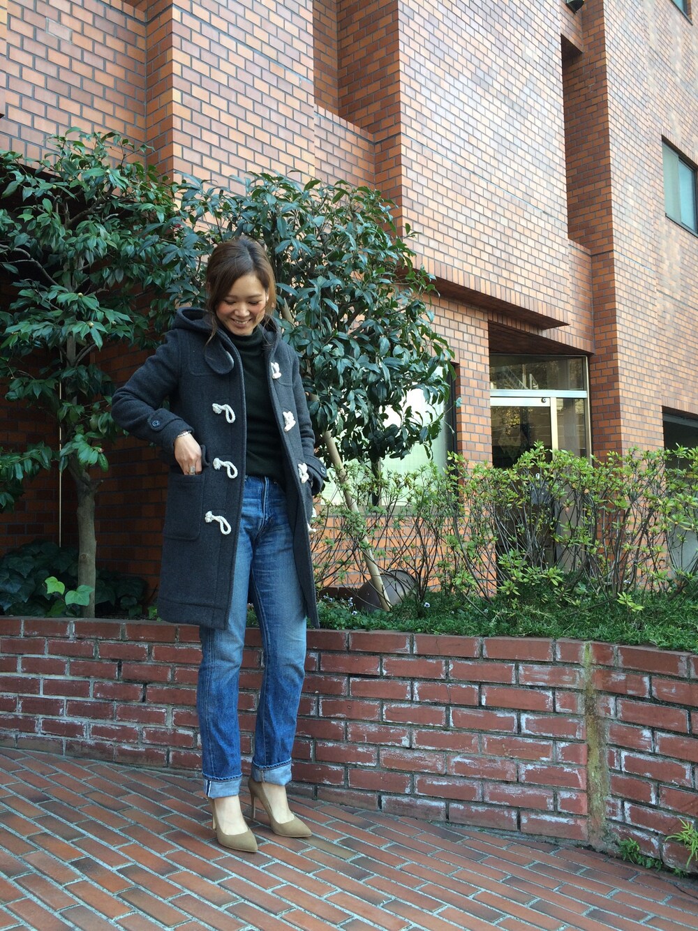 「TODAYFULのダッフルコート（ダッフルコート、グレー系）」を使った、ayano.さん（レディース・165cm）の秋コーディネートの1枚目の写真