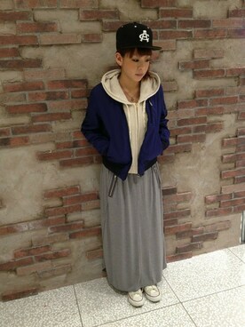 「AVIREX（アヴィレックス）のavirex(アビレックス)　レディース/2トーン　MA-1（ミリタリージャケット、ブルー系）」を使った、Akaneさん（レディース・155cm）の冬コーディネート