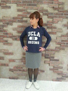 「AVIREX（アヴィレックス）のavirex(アビレックス)　レディース/　七分袖　フットボールTシャツ　"UCLA"19（Tシャツ/カットソー、ブルー系）」を使った、Akaneさん（レディース・155cm）の春コーディネート