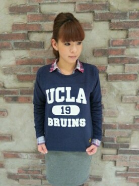 「AVIREX（アヴィレックス）のavirex(アビレックス)　レディース/　七分袖　フットボールTシャツ　"UCLA"19（Tシャツ/カットソー、ブルー系）」を使った、Akaneさん（レディース・155cm）の春コーディネート