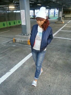 「AVIREX（アヴィレックス）のavirex/アヴィレックス/レディース/MA-1　LIGHT ZONE/MA-1　ライトゾーン（MA-1、ブルー系）」を使った、Akaneさん（レディース・155cm）の夏コーディネート