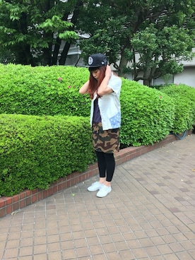 「AVIREX（アヴィレックス）のavirex/アヴィレックス/レディース/S/S AMERICA PATCH SHIRT/半袖　アメリカ　パッチシャツ（シャツ/ブラウス、ホワイト系）」を使った、Akaneさん（レディース・155cm）の春コーディネート