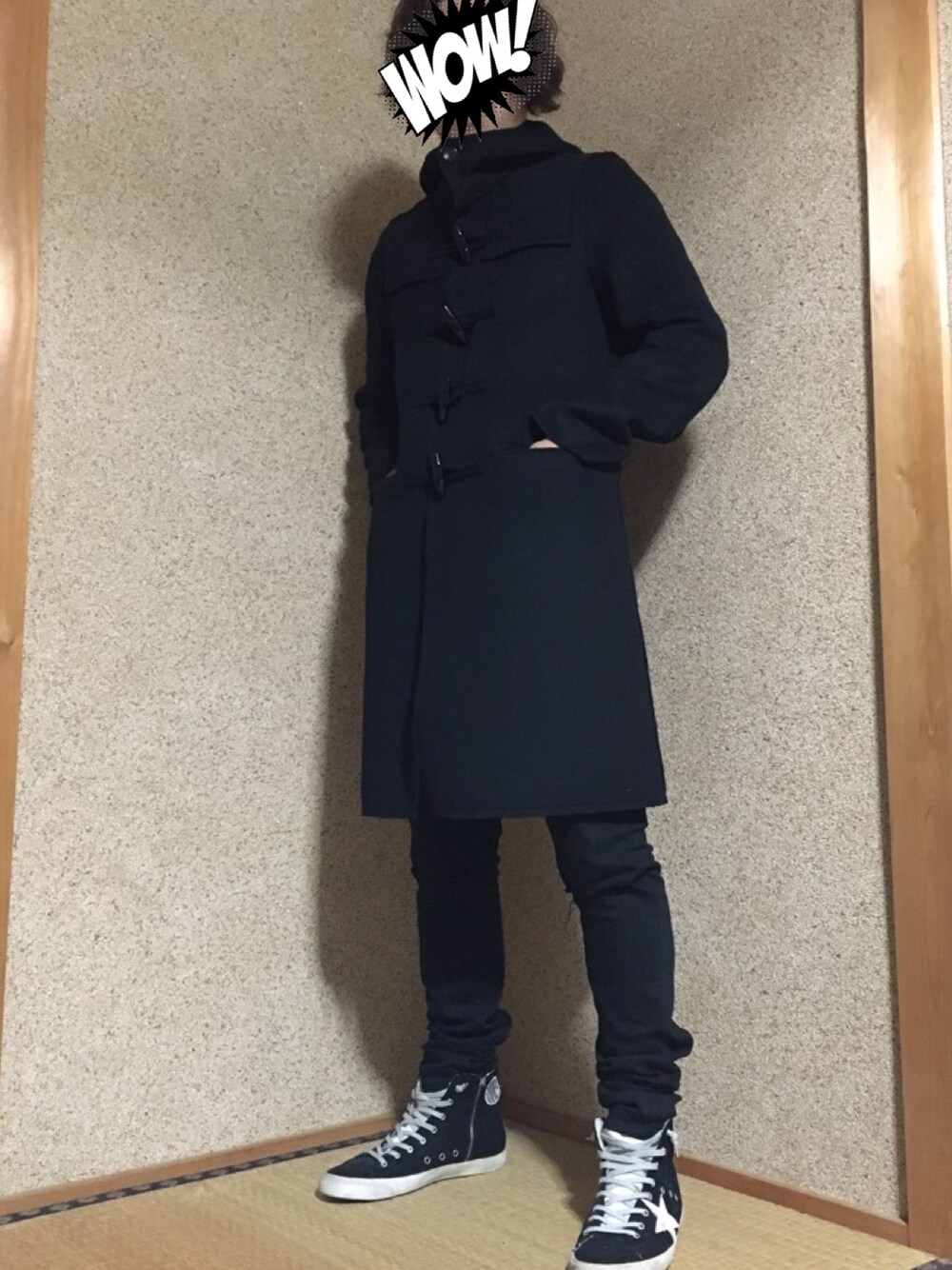 「アンダーカバー、ゴールデングース」｜「UNDERCOVERのアイテム（ダッフルコート、ブラック系）」を使った、HIRATA さん（メンズ・173cm）の冬コーディネートの1枚目の写真