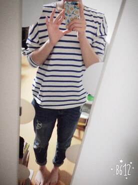 「H&M（エイチ・アンド・エム）のアイテム（Tシャツ/カットソー、ブルー系）」を使った、마오さん（レディース・163cm）の夏コーディネート