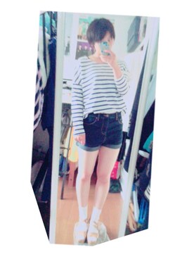 「H&M（エイチ・アンド・エム）のアイテム（Tシャツ/カットソー、ブルー系）」を使った、마오さん（レディース・163cm）の夏コーディネート