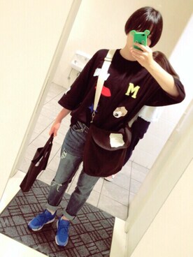 「韓国で購入のアイテム（Tシャツ/カットソー、ブラック系）」を使った、마오さん（レディース・163cm）の夏コーディネート
