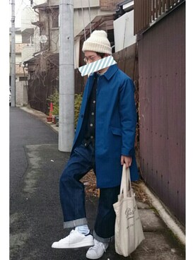 「ニットキャップ」｜「アイテム（ステンカラーコート）」を使った、mickさん（メンズ・164cm）の冬コーディネート