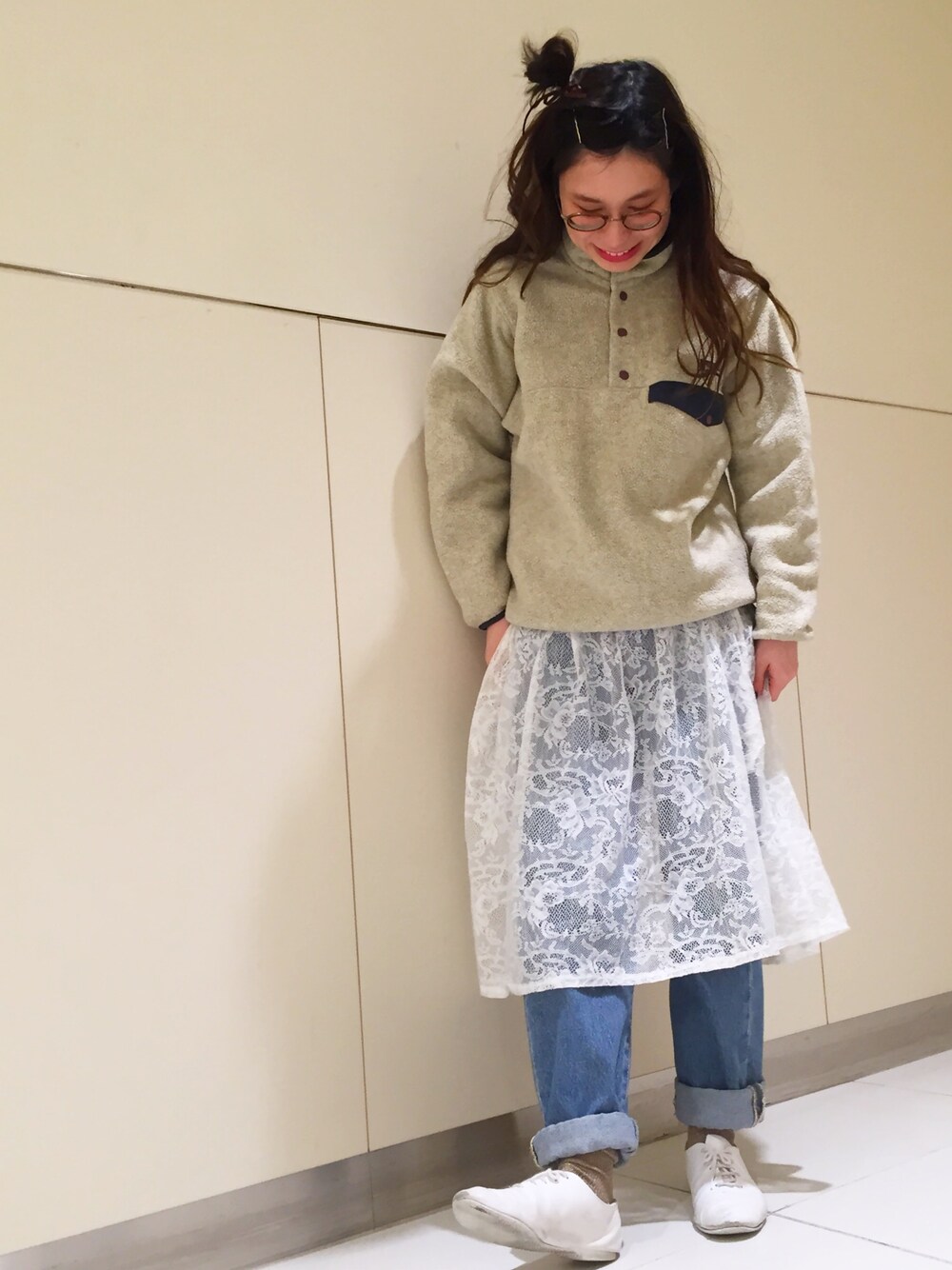 「スナップT、patagonia、デニム、リーバイス501、レペット、ラメ、靴下屋、レース、古着」｜「靴下屋の【靴下屋】◆ar 2月号掲載◆3つ折りラメショートソックス（ソックス/靴下、ブラウン系）」を使った、a.nさん（レディース・155cm）の冬コーディネートの1枚目の写真
