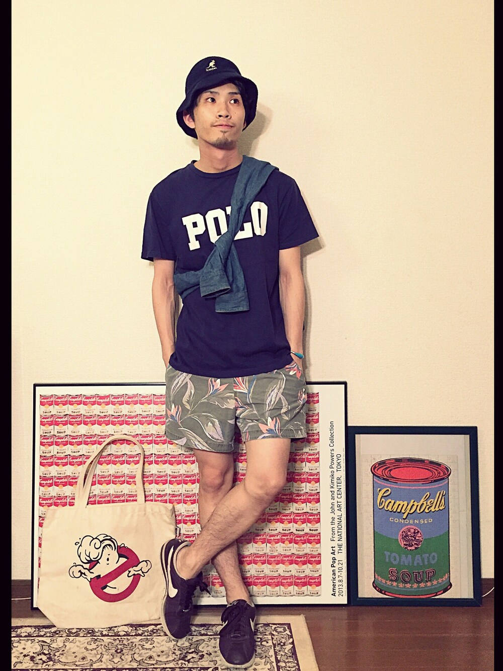 「シンプル、夏、ハーフパンツ、Tシャツ、デニム、古着MIX、海、WEARダンサー、音楽で繋がる、バケットハット」｜「POLO RALPH LAURENのアイテム（Tシャツ/カットソー、ブルー系）」を使った、old_goldさん（メンズ・170cm）の春コーディネートの1枚目の写真