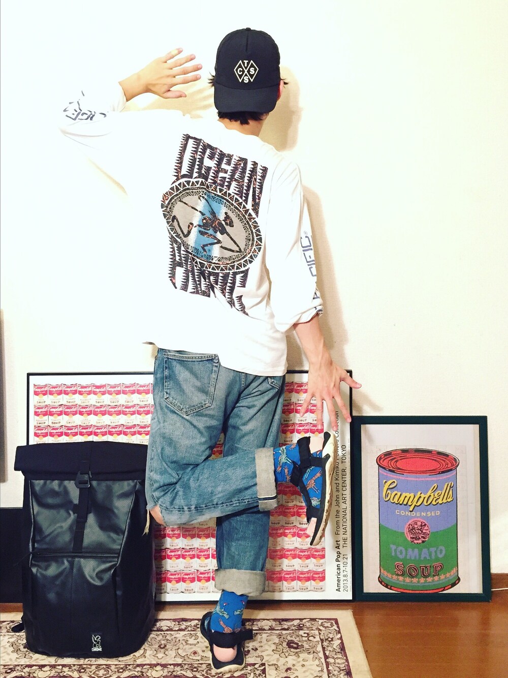 「秋コーデ、カジュアル、夏コーデ、ネイビー、ブラック、スケータースタイル、サーフ、古着、ロングTシャツ、音楽で繋がる」｜「Ocean Pacificのアイテム（Tシャツ/カットソー、ホワイト系）」を使った、old_goldさん（メンズ・170cm）の秋コーディネートの1枚目の写真