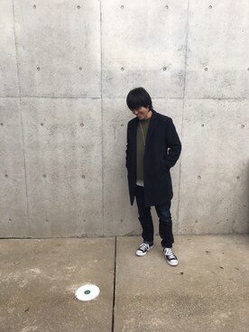 「RAGEBLUE（レイジブルー）のウールチェスターコート/565594（チェスターコート、ブルー系）」を使った、デ部さん（メンズ・173cm）の秋コーディネート