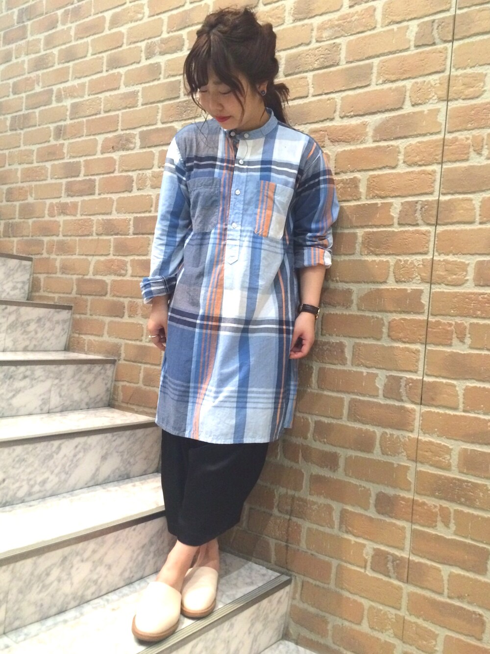 「ootd、パンツスタイル、ENGINEERED GARMENTS、灰汁、Hender Scheme、ciaopanic、ciaopanic広島」｜「Engineered Garmentsのアイテム（ワンピース、ブルー系）」を使った、Chisato Kageyamaさん（レディース・152cm）の春コーディネートの1枚目の写真