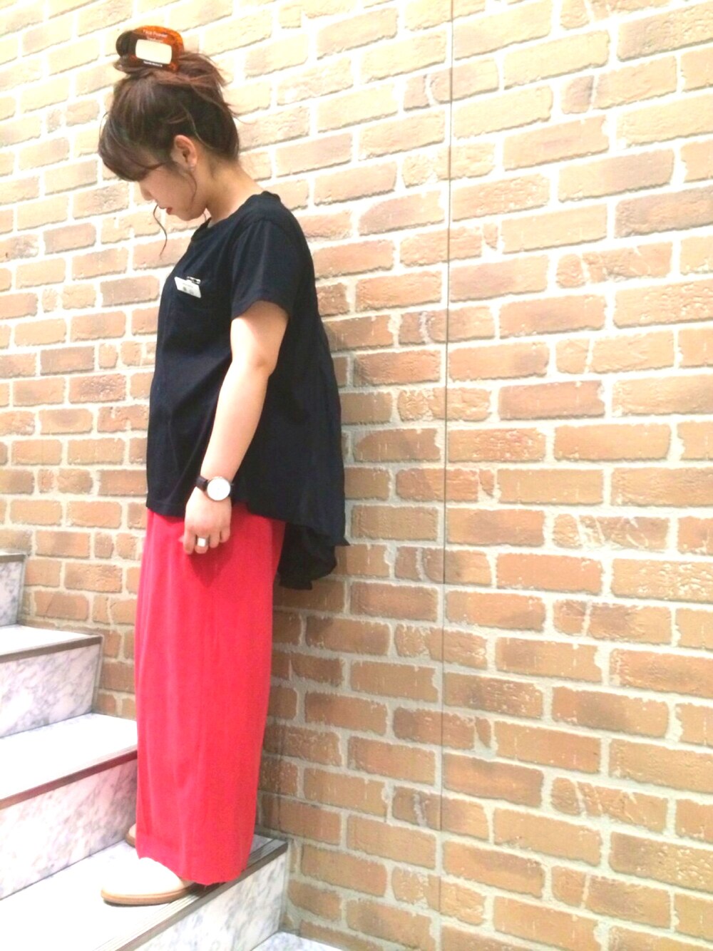 「ootd、THEATER PRODUCTS、universal tissu、used、Hender Scheme、ciaopanic、ciaopanic広島」｜「UNIVERSAL TISSUの【UNIVERSAL TISSU/ ユニバーサルティシュ】CBラミーフリルT（Tシャツ/カットソー、ブラック系）」を使った、Chisato Kageyamaさん（レディース・152cm）の春コーディネートの1枚目の写真