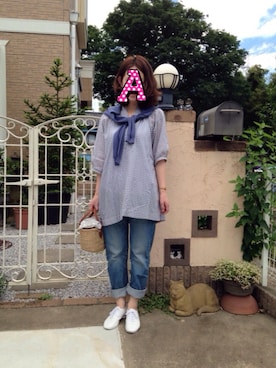 「ジャパンブルー」｜「アイテム（その他シューズ）」を使った、moccoaさん（レディース・156cm）の夏コーディネート