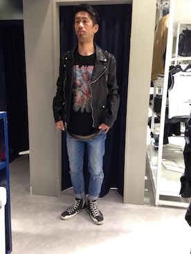 「DANKE SCHON（ダンケシェーン）のアイテム（ライダースジャケット）」を使った、LHP池袋スタッフ４さん（メンズ・170cm）の春コーディネート