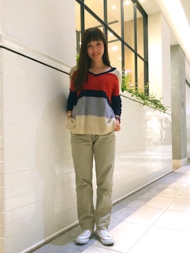 「ボーダーニット」｜「アイテム（スニーカー）」を使った、kiji*さん（レディース・162cm）の冬コーディネート