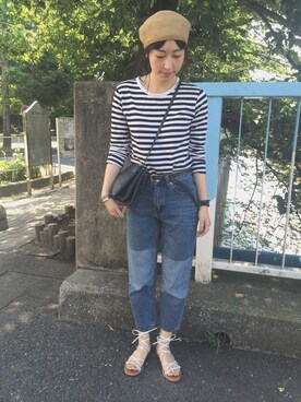 「ウエストイン」｜「アイテム（ハンチング/ベレー帽）」を使った、kiji*さん（レディース・162cm）の夏コーディネート