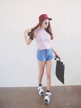 「アイテム（キャップ）」を使った、히나さん（レディース・157cm・10代）の夏コーディネート