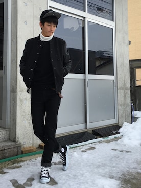 「真っ黒コーデ」｜「アイテム（スタジャン）」を使った、TAIGAさん（メンズ・177cm）の冬コーディネート