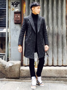 「pattern」｜「アイテム（ダウンジャケット/コート）」を使った、John Fungさん（メンズ・173cm）の冬コーディネート