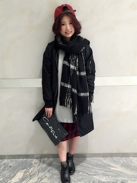 「w closet（ダブルクローゼット）のアイテム（キャップ、レッド系）」を使った、shinhwatutuさん（レディース・160cm）の冬コーディネート