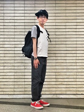 「TAKEO KIKUCHI（タケオキクチ）のアイテム（キャップ）」を使った、エーデルワイス門田樹さん（メンズ・168cm）の春コーディネート