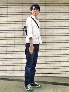 「アイテム（ボディバッグ/ウエストポーチ、グリーン系）」を使った、エーデルワイス門田樹さん（メンズ・168cm）の春コーディネート