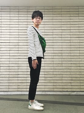 「アイテム（ボディバッグ/ウエストポーチ、グリーン系）」を使った、エーデルワイス門田樹さん（メンズ・168cm）の春コーディネート