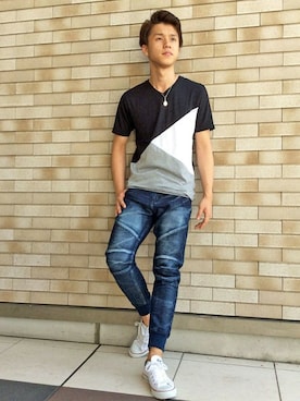「VENCEEXCHANGE（ヴァンスエクスチェンジ）のアイテム（デニムパンツ）」を使った、VENCE EXCHANGE MEN'S STAFFさん（メンズ・173cm）の夏コーディネート
